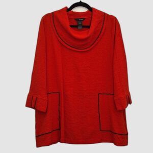 Ali Miles Tunic Top L Oversized Red Textured Cowl Neck Pockets Holiday Party